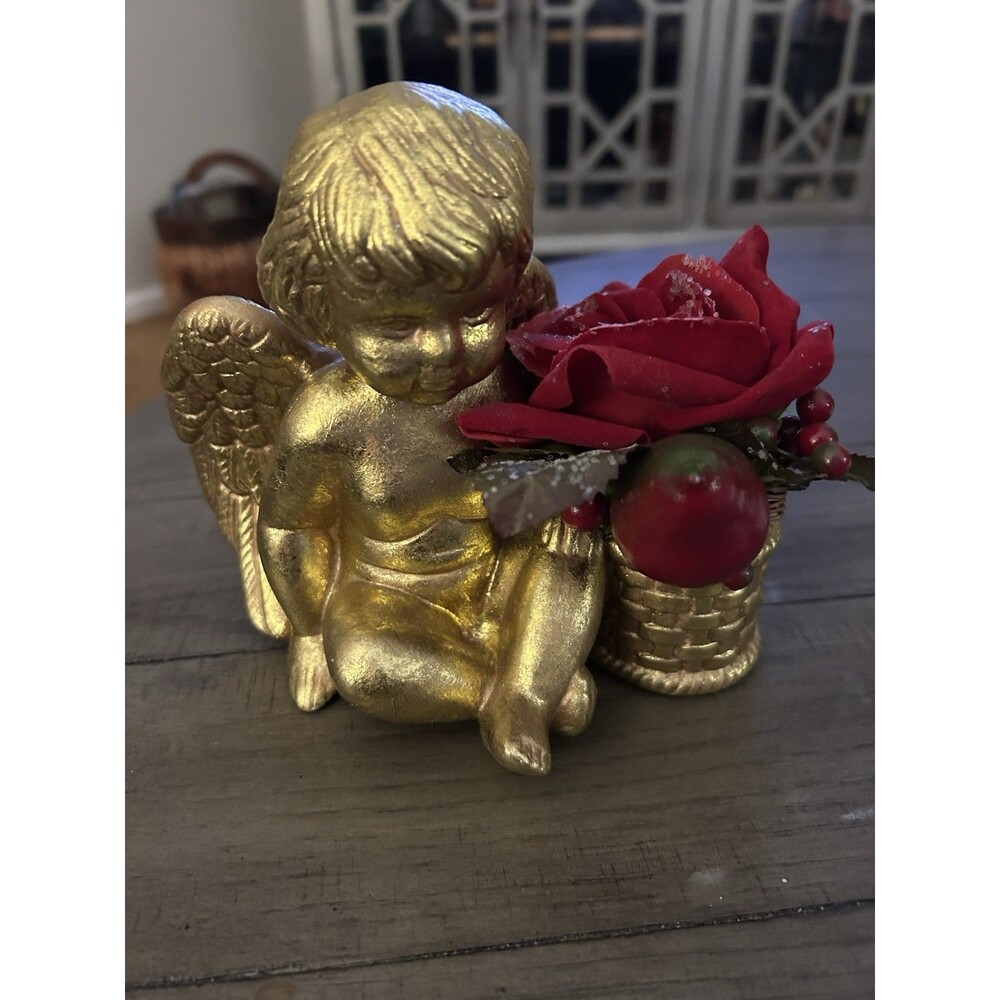 Golden Cherub Angel With Basket Of Roses